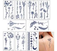 Qpout 9Feuilles Tatouages semi-permanents pour femmes filles Tatouages temporaires réalistes Art corporel Tatouage Autocollants Bleu foncé imperméable faux tatouages longue durée de 2 semaines