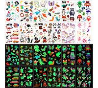 Qpout Enfants tatouages temporaires, 135 tatouages lumineux de dessin animé de style mixte,tatouage de pirate de dinosaure animal papillon sirène de licorne, cadea décoration de fête garçon fille