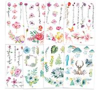 Qpout Fleurs Tatouages Temporaires pour femmes filles enfants, 8 feuilles étanche réaliste bras fleur rose tatouage autocollant main cou poignet décoration -fleur oiseau cerf