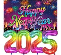 Qpout Fournitures de fête du Nouvel An 2025, 83 cm, chiffres de ballons arc-en-ciel 2025 et feu d'artifice coloré, bannière Happy New Year pour décorations de fête 2025 NYE
