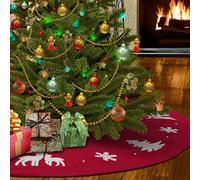 Qpout Jupe d'arbre de Noël avec des Perles Flocon de Neige Arbre de Noël Elk Broder Tricoté Tapis de Noël Rouge Jupe d'arbre Fixation de Sangle Décorations de Vacances 48 Pouces