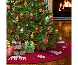 Qpout Jupe d'arbre de Noël avec des Perles Flocon de Neige Arbre de Noël Elk Broder Tricoté Tapis de Noël Rouge Jupe d'arbre Fixation de Sangle Décorations de Vacances 48 Pouces