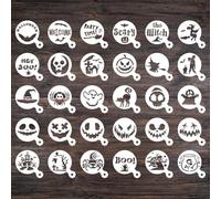 Qpout Lot de 30 pochoirs réutilisables et lavables pour café Halloween, cappuccino et lait art