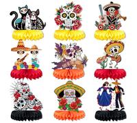 Qpout Lot de 9 centres de table « Day of the Dead » en nid d'abeille Dia De Los Muertos - Décorations de table en forme de tête de mort - Parfaites pour Halloween et fête mexicaine