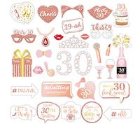 Qpout Oro Rosa 30 Accessoires Photo d'anniversaire (32 pièces), Accessoires Photo drôles pour Les Femmes 30e Anniversaire fête Photo Booth Props Accessoires de décoration