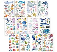 Qpout Tatouages éphémères Animaux de l'océan pour enfants, tatouages de la vie marine pour cadeaux de fête d'enfants, autocollants de tatouage dauphin requin poulpe poisson étoile de mer