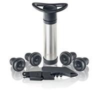 Qpractiko | Coffret accessoires vin, acier inoxydable argent | Pompe à vide, 4 bouchons silicone, tire-bouchon deux temps, bec verseur anti-goutte | Préservation arômes et dégustation