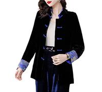 QPZK Femmes Chinois Velours Tang Costume de Veste Hanfu Broderie vêtements Traditionnels Chinois, Vintage Hiver Traditionnel Oriental Coton Coat à Manches Longues Black-M