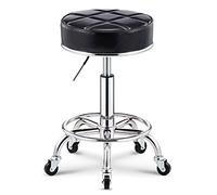 QPZK Tabouret pivotant à roulettes rond réglable en hauteur avec repose-pieds, siège ottoman en cuir synthétique, tabouret de comptoir en métal, tabouret de bureau pour cuisine, salon, bar noir