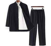 QPZK Vintage Chinois Wing Chun Kung Fu Uniforme Tang Costume Chinois Traditionnel Arts Martiaux Coton Lin Tai Chi Costumes À Manches Longues Manteau Pantalon Ensemble-3 Pièces (2XL,E)