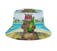 QQIAEJIA Chapeau bob fantaisie unisexe motif chat hawaïen sur la plage - Chapeau de voyage pour la pêche en plein air - Pour homme et femme, Chat hawaïen amusant avec bière, taille unique