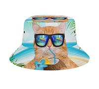 QQIAEJIA Chapeau de pêche unisexe avec motif chat hawaïen pour la plage, les voyages, la pêche en plein air, pour homme et femme, Chat hawaïen avec lunettes, taille unique