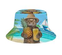 QQIAEJIA Chapeau de plage unisexe motif chat hawaïen sur la plage, chapeau de voyage, pêche en plein air pour homme et femme, Chat hawaïen avec ananas, Taille unique