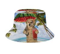 QQIAEJIA Chapeau de plage unisexe motif chat hawaïen sur la plage, chapeau de voyage, pêche en plein air pour homme et femme, Chien hawaïen avec pastèque, taille unique