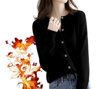 QQLADY 2024 100% Cashmere Button Front Long Sleeve Cardigan Soft Warm Knit Elastic Jumpers,Cashmere Cardigan Sweaters Women,Open Front Oversized Lightweight Round Neck Knit Outwear (Black,L)