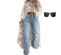 QQLADY Herbelladay Women's Round Neck Lace Short Front and Long Back Casual Top,Summer Floral Embroidery See-Through Cover-Up (Apricot,XL)