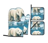 QQOUPP Ensemble de 4 pièces imprimé ours polaire sur glace comprenant 2 gants isolants et 2 coussinets pour couvercles de casserole avec poches, anti-brûlure et isolation thermique