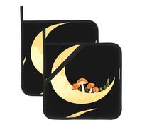 QQOUPP Lot de 2 tapis isolants carrés épais et durables avec cordon pour fours à micro-ondes, fours et grillades en plein air Motif champignons sur croissant de lune