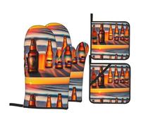 QQOUPP Lot de 4 bouteilles de bière, plage, coucher de soleil imprimé comprenant 2 gants isothermes et 2 coussinets pour couvercles de casserole avec poches, anti-brûlure et isolation thermique