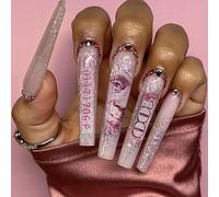 QQPPOLIU Lot de 24 faux ongles longs à presser pour femme, forme carrée, avec strass, motifs argentés, couverture intégrale, XL