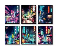 QQQDADA Lot de 6 impressions d'art mural japonaises néon japonaises - Illustration abstraite - Décoration murale pour salon, chambre à coucher (20,3 x 25,4 cm, sans cadre)