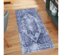 QQrunner Tapis de couloir vintage antidérapant lavable, 50 x 750 cm - Au mètre - Long - Bleu - Couloir de cuisine