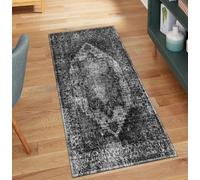 QQrunner Tapis de couloir vintage antidérapant lavable, 50 x 80 cm - Au mètre - Long - Noir - Pour cuisine, couloir, salon, chambre à coucher