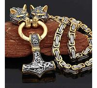 QQTQQ Collier de Marteau de Thor Pendentif tête de Loup Viking pour Hommes, Bijoux d'amulette en Acier Inoxydable Nordique rétro, chaîne de Roi Lourd Fait à la Main,Gold-50cm