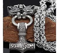 QQTQQ Collier Pendentif Marteau de tête de Loup Viking Thor pour Hommes, Bijoux Talisman en Acier Inoxydable Lourd Mjolnir Nordique,Silver-50cm