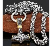 QQTQQ Collier Pendentif Marteau de tête de Loup Viking Thor pour Hommes, Bijoux Talisman en Acier Inoxydable Lourd Mjolnir Nordique,Gold+silver-60cm