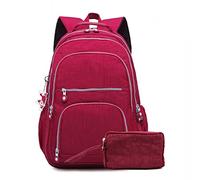 QQYG 2 pièces/ensemble filles école sac à dos dames sac à dos en Nylon décontracté pochette d'ordinateur Mobile portefeuille femmes, bordeaux, 37X16X47CM 1377-01