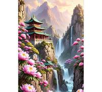 QQYRHN 5D DIY Grenier Architecture Kits de Peinture Diamant, Complète Fleurs Diamond Painting pour Adulte Débutants, Cascade Art du Diamant, Décoration Murale Maison Peinture au Diamant Avec 30x40cm