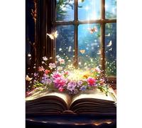 QQYRHN 5D DIY Livre Fenêtre Kits de Peinture Diamant, Complète Fleurs Diamond Painting pour Adulte Débutants, Pays des Rêves Art du Diamant, Décoration Murale Maison Peinture au Diamant Avec 30x40 cm