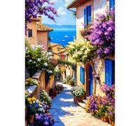 QQYRHN 5D DIY Seaview House Kits de Peinture Diamant, Complète Rue Vintage Diamond Painting pour Adulte Débutants, Fleurs Art du Diamant, Décoration Murale Maison Peinture au Diamant Avec 30x40 cm