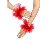 QRBTSCL Mitaines en tulle pour femme - Manches courtes en dentelle - Pour mariage, danse, fête, Rouge, taille unique