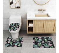 QRFASFZO Lot de 3 Tapis de Bain et Tapis de Bain Doux en Microfibre antidérapant,Absorbant l'eau,pour Douche,Baignoire et WC,Motif Aquarelle sans Couture. Cactus en Fleurs sur Fond Sombre. Dessiné à