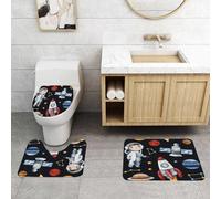QRFASFZO Lot de 3 Tapis de Bain et Tapis de Bain Doux en Microfibre antidérapant,Absorbant l'eau,pour Douche,Baignoire et WC,Motif Aquarelle sans Couture. Texture Cosmos avec astronautes, planètes,