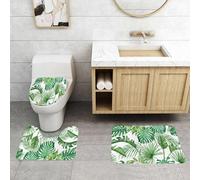 QRFASFZO Lot de 3 Tapis de Bain et Tapis de Bain Doux en Microfibre antidérapant,Absorbant l'eau,pour Douche,Baignoire et WC,Feuilles Tropicales à l'aquarelle, Feuilles Tropicales Vertes luxuriantes