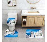QRFASFZO Lot de 3 Tapis de Bain et Tapis de Bain Doux en Microfibre antidérapant,Absorbant l'eau,pour Douche,Baignoire et WC,Coucher de Soleil Bleu Grèce Vue panoramique Cyclades Maisons Blanches Sa