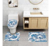 QRFASFZO Lot de 3 Tapis de Bain et Tapis de Bain Doux en Microfibre antidérapant,Absorbant l'eau,pour Douche,Baignoire et WC,Motif harmonieux de la Grande Vague de Kanagawa. Motif vectoriel Harmonie