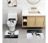 QRFASFZO Lot de 3 Tapis de Bain et Tapis de Bain Doux en Microfibre antidérapant,Absorbant l'eau,pour Douche,Baignoire et WC,Portrait d'un Husky sibérien Noir et Blanc sur Fond de Neige Bleue. Chien