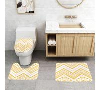 QRFASFZO Lot de 3 Tapis de Bain et Tapis de Bain Doux en Microfibre antidérapant,Absorbant l'eau,pour Douche,Baignoire et WC,Motif à Chevrons répété en Jaune Soleil sur Fond Blanc avec des éléments