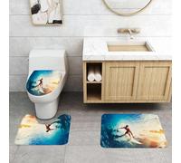 QRFASFZO Lot de 3 Tapis de Bain et Tapis de Bain Doux en Microfibre antidérapant,Absorbant l'eau,pour Douche,Baignoire et WC,Vague, Vague Bleue barrée avec Un Jeune Surfeur Sports extrêmes Activité