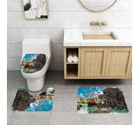 QRFASFZO Lot de 3 Tapis de Bain et Tapis de Bain Doux en Microfibre antidérapant,Absorbant l'eau,pour Douche,Baignoire et WC,Pirate, Grand Navire Ancien sur Le Rivage Tropical des Caraïbes, île pira