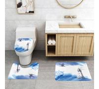QRFASFZO Lot de 3 Tapis de Bain et Tapis de Bain Doux en Microfibre antidérapant,Absorbant l'eau,pour Douche,Baignoire et WC,Illustration à l'aquarelle d'un Phare dans Une mer Bleue orageuse avec de