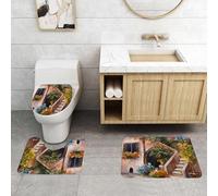 QRFASFZO Lot de 3 Tapis de Bain et Tapis de Bain Doux en Microfibre antidérapant,Absorbant l'eau,pour Douche,Baignoire et WC,Rustique, Fleurs de Patio et Jardin Grèce avec Peinture à l'huile de fenê