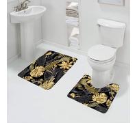 QRFASFZO Rururug Lot de 2 Tapis Salle de Bain,avec des Feuilles Tropicales dorées et Noires sur Fond Sombre.,Tapis WC Contour et Tapis de Bain,Microfibre Tapis de Douche antidérapant