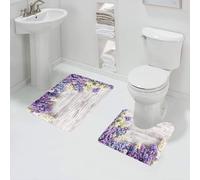 QRFASFZO Rururug Lot de 2 Tapis Salle de Bain,Maison Rustique, Bouquet de Fleurs de Lilas sur Table en Bois Printemps Nature,Tapis WC Contour et Tapis de Bain,Microfibre Tapis de Douche antidérapant