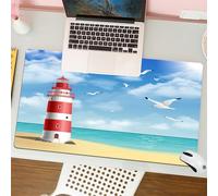 QRFASFZO Tapis de Souris Gaming - 30x80 cm - Tapis de Souris Esports - Ne Glisse jamais - Couverture complète du Bureau - Paysage de Phare de Plage, Phare rayé avec Ciel ensoleillé, mouettes Volant a