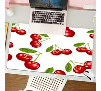 QRFASFZO Tapis de Souris Gaming - 30x80 cm - Tapis de Souris Esports - Ne Glisse jamais - Couverture complète du Bureau - Art, Motif répété de Cerises Rouges et de Feuilles Vertes sur Fond Blanc